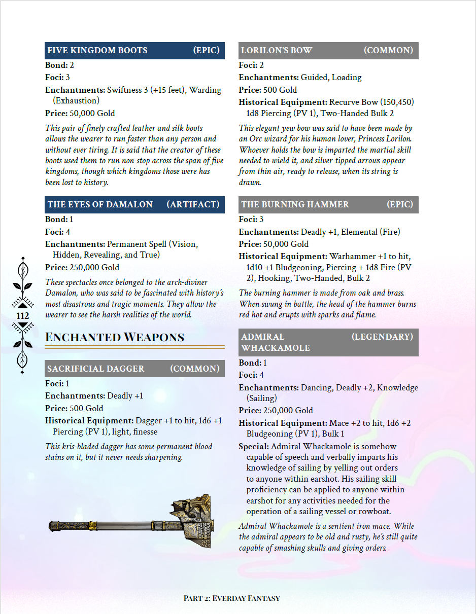 A page from Shotgun Fantasy showing example magic items.
