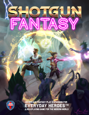 The cover of Shotgun Fantasy. Two modern heroes battle advancing monsters with a mix of technology and magic.